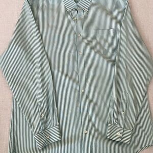 Lands End Mens Shirt White and Teal Stripes PinPoint 17.5 Tailored Fit Tall
